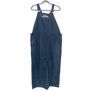 Vintage Liz Claiborne denim blue jean jumper overall dress embroider cottage XL